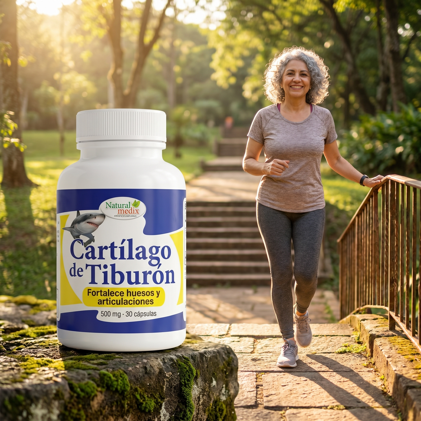 Cartílago de Tiburón Natural Medix 500 mg — mujer subiendo escaleras sin dolor de rodilla