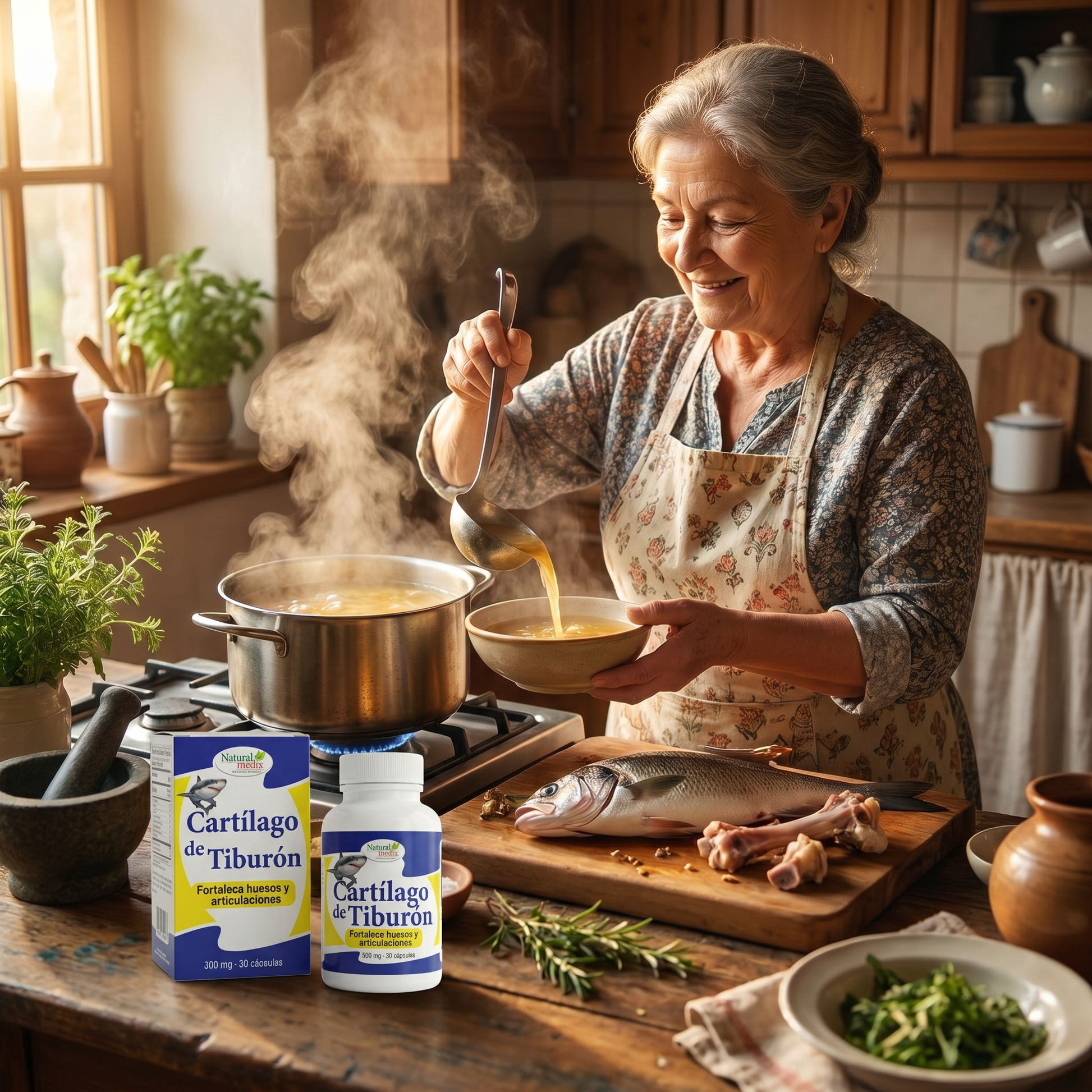 Cartílago de Tiburón Natural Medix — abuela preparando caldo en la cocina