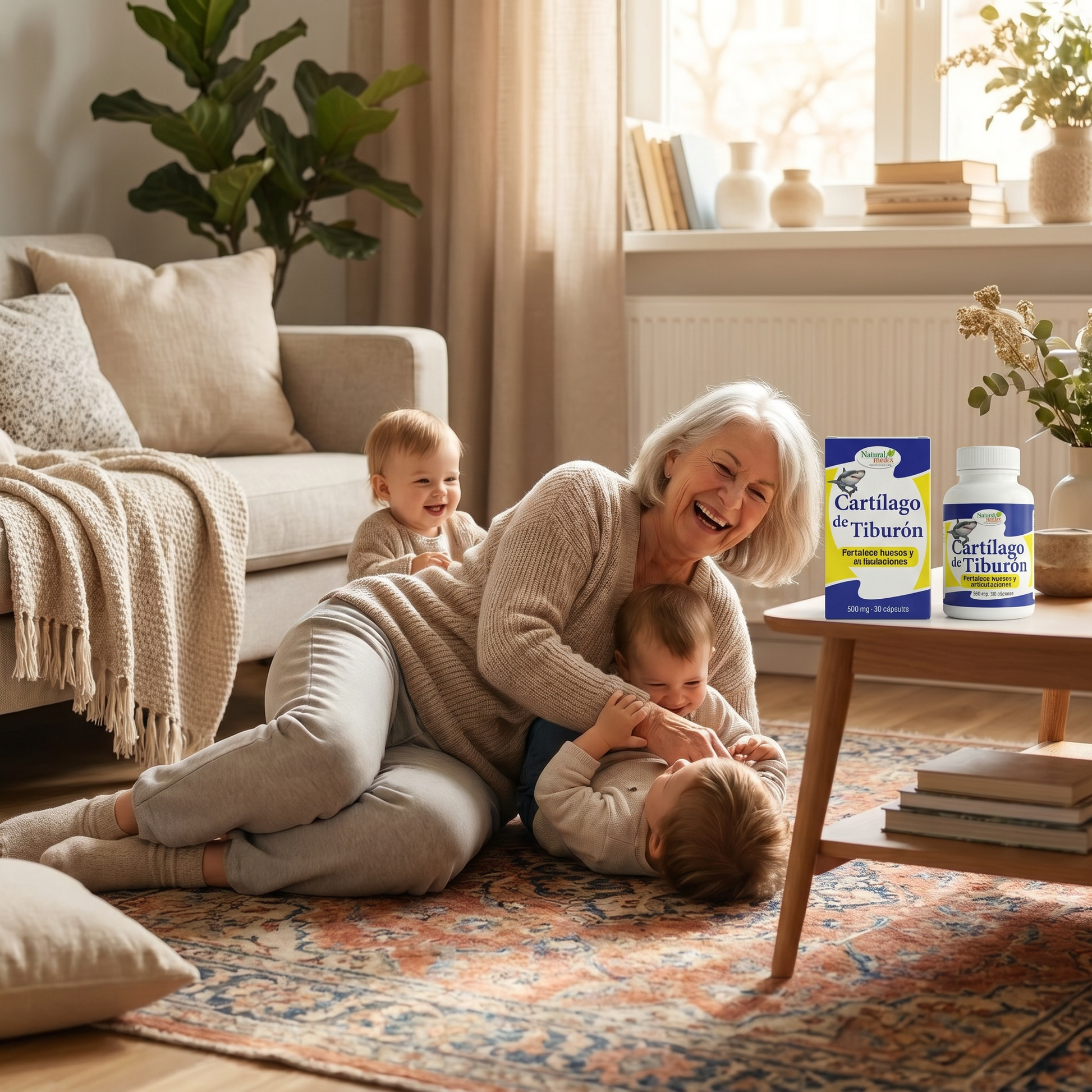 Cartílago de Tiburón Natural Medix — abuela jugando en el piso con sus nietos