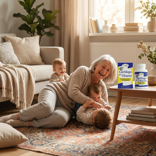 Cartílago de Tiburón Natural Medix — abuela jugando en el piso con sus nietos
